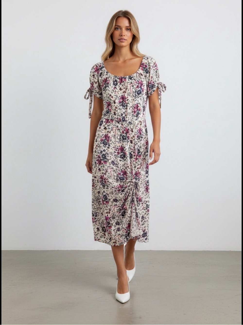 Band of Gypsies Cream Midi Dress with Pink and Black Floral Print size medium